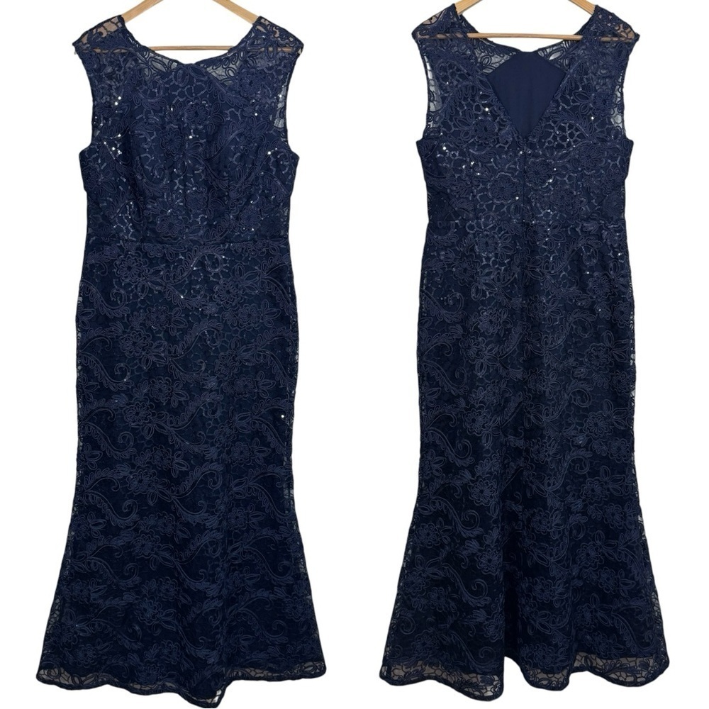 Ignite Evenings Elegant Dress Sz 12 Navy Blue Lace Sequin Bodycon Mermaid EUC!